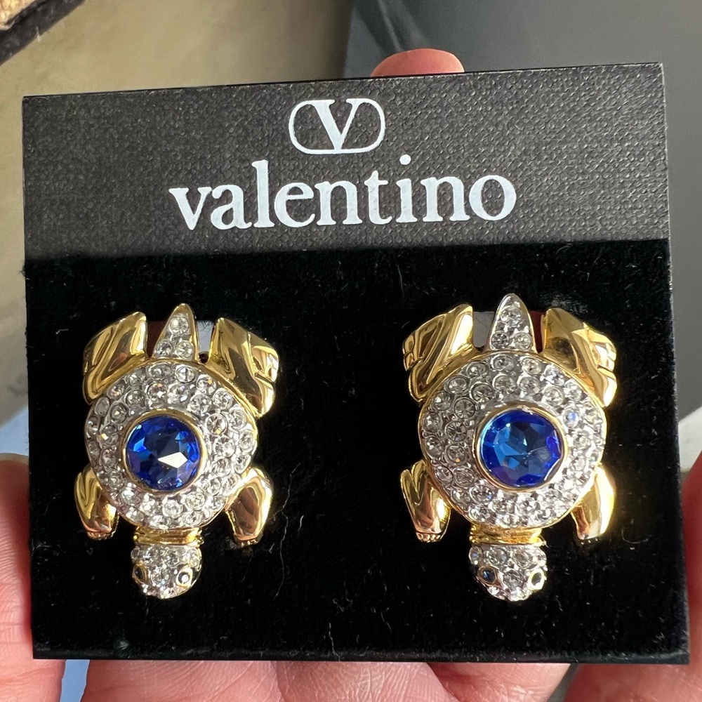 Deadstock Vintage Valentino Rhinestone Crystal Tortoise Turtle Earrings